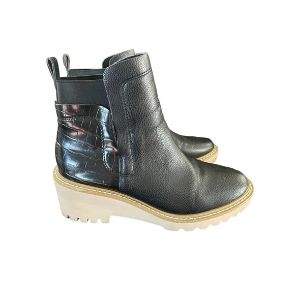 Nicole Miller Women's Black Leather Pocas Chunky Wedge Ankle Boot Size 10 - Picture 3 of 12